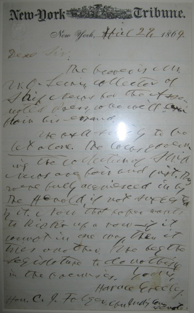 GREELEY, HORACE. Autograph Letter Signed, to Chairman of the New York State Senate Judiciary Committee Charles J. Folger,